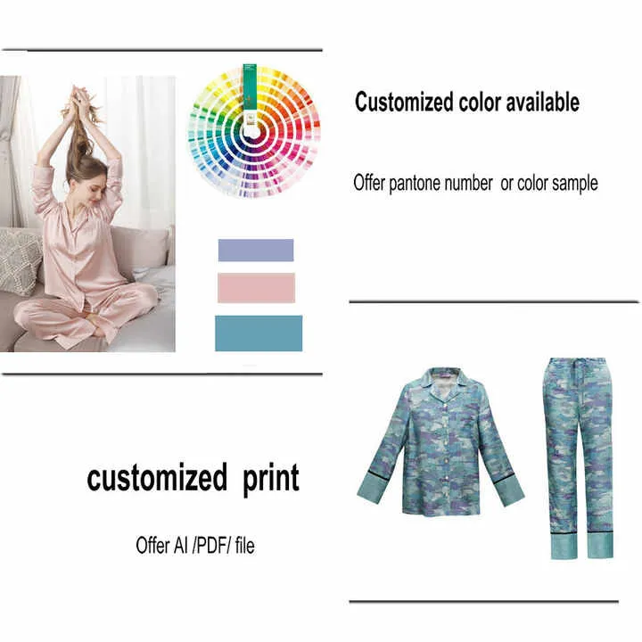 بيجامات حرير خالص طويلة 100% للنساء للبيع بالجملة Wholesale Long 100% Silk Sleepwear Women's Pure Silk Pajamas for Ladies