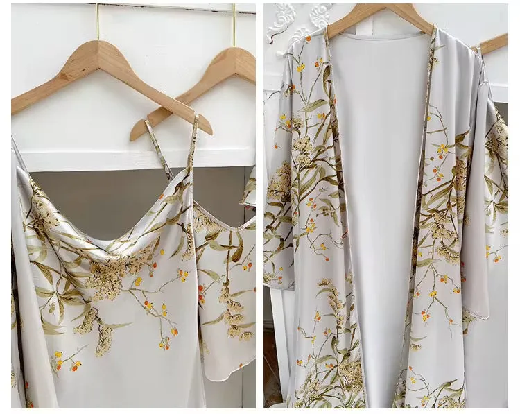 بيجامات حريرية مطبوعة بالزهور-طقم روب للنساء Floral Print Silk Pajamas--Women's Robe Set