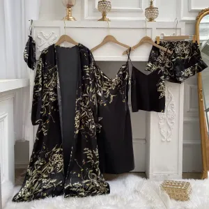 بيجامات حريرية مطبوعة بالزهور-طقم روب للنساء Floral Print Silk Pajamas--Women's Robe Set