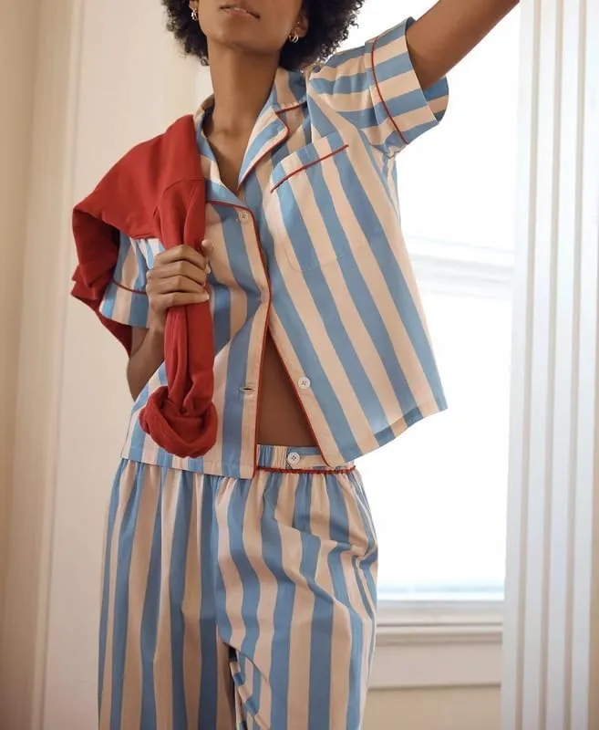 Argeousgor Women Striped 2 Piece Pajama Set Short Sleeve Button Down Blouse Satin Wide Leg Lounge Pants Sets Sleepwear