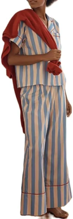 Argeousgor Women Striped 2 Piece Pajama Set Short Sleeve Button Down Blouse Satin Wide Leg Lounge Pants Sets Sleepwear