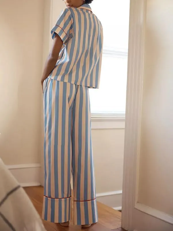 Argeousgor Women Striped 2 Piece Pajama Set Short Sleeve Button Down Blouse Satin Wide Leg Lounge Pants Sets Sleepwear