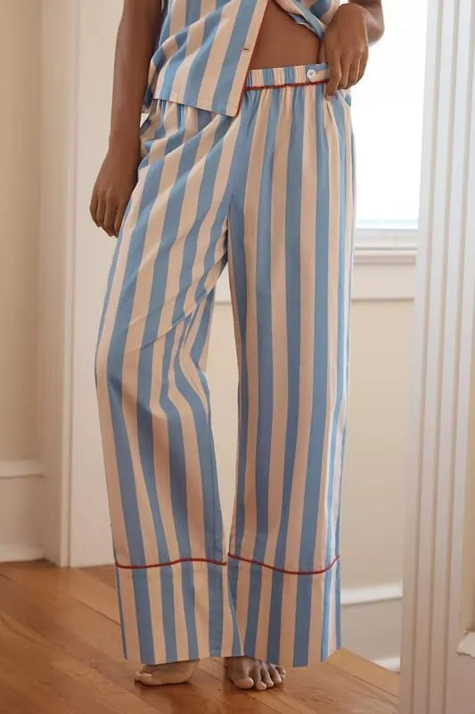 Argeousgor Women Striped 2 Piece Pajama Set Short Sleeve Button Down Blouse Satin Wide Leg Lounge Pants Sets Sleepwear