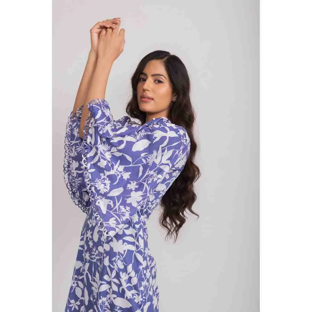 AROOP SHOP INDIA Blue & White Tulla Flared Sleeves Dress