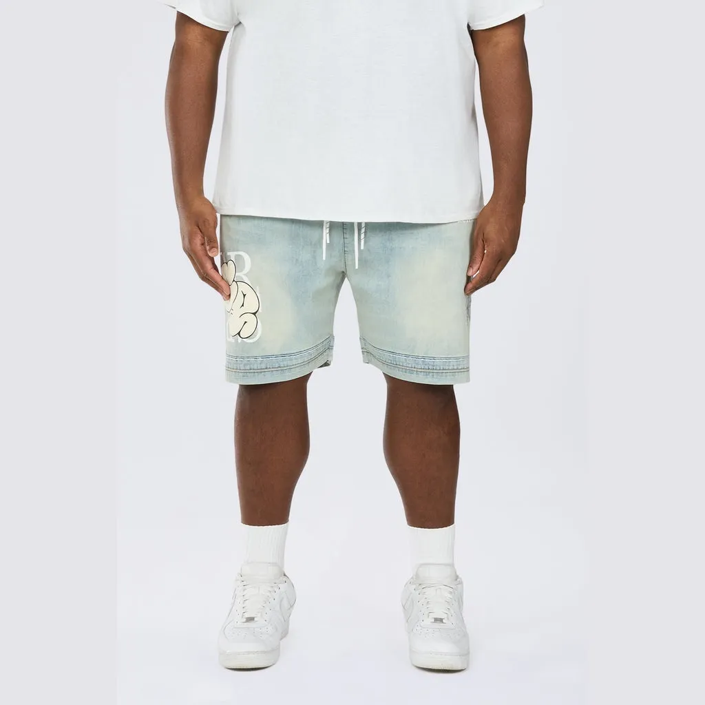Big and Tall - Puff Printed Graphic Resort Denim Shorts - Elm Blue
