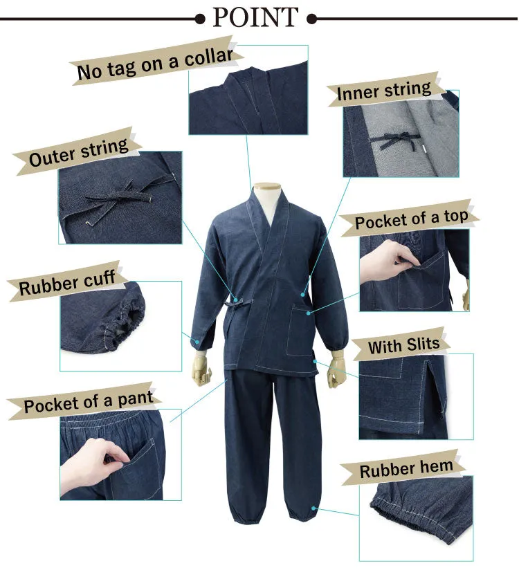 Denim Samue Jacket and Pants, Japanese Kimono Longewear/Pajama
