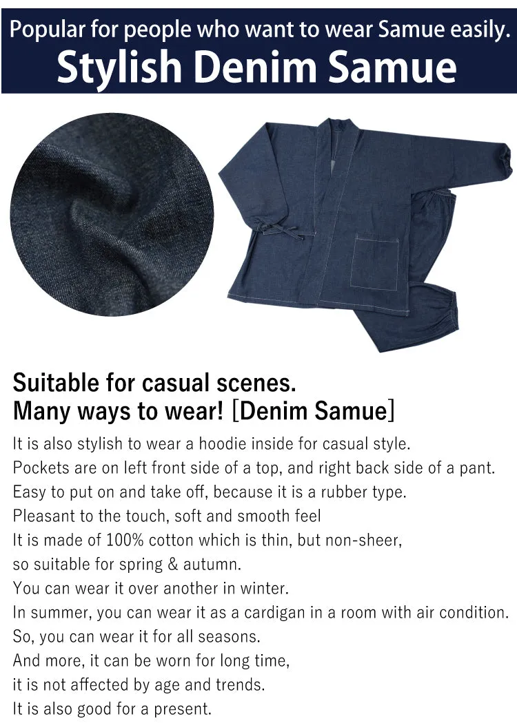 Denim Samue Jacket and Pants, Japanese Kimono Longewear/Pajama