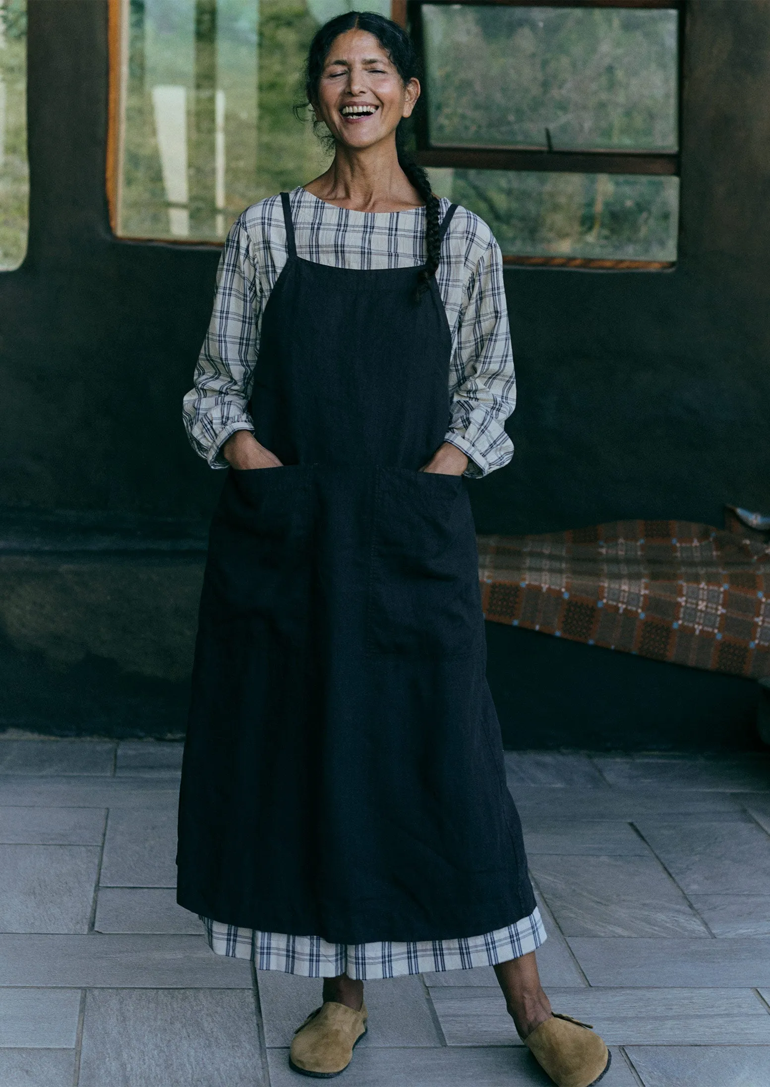 Garment Dyed Linen Apron Dress | Black Coffee