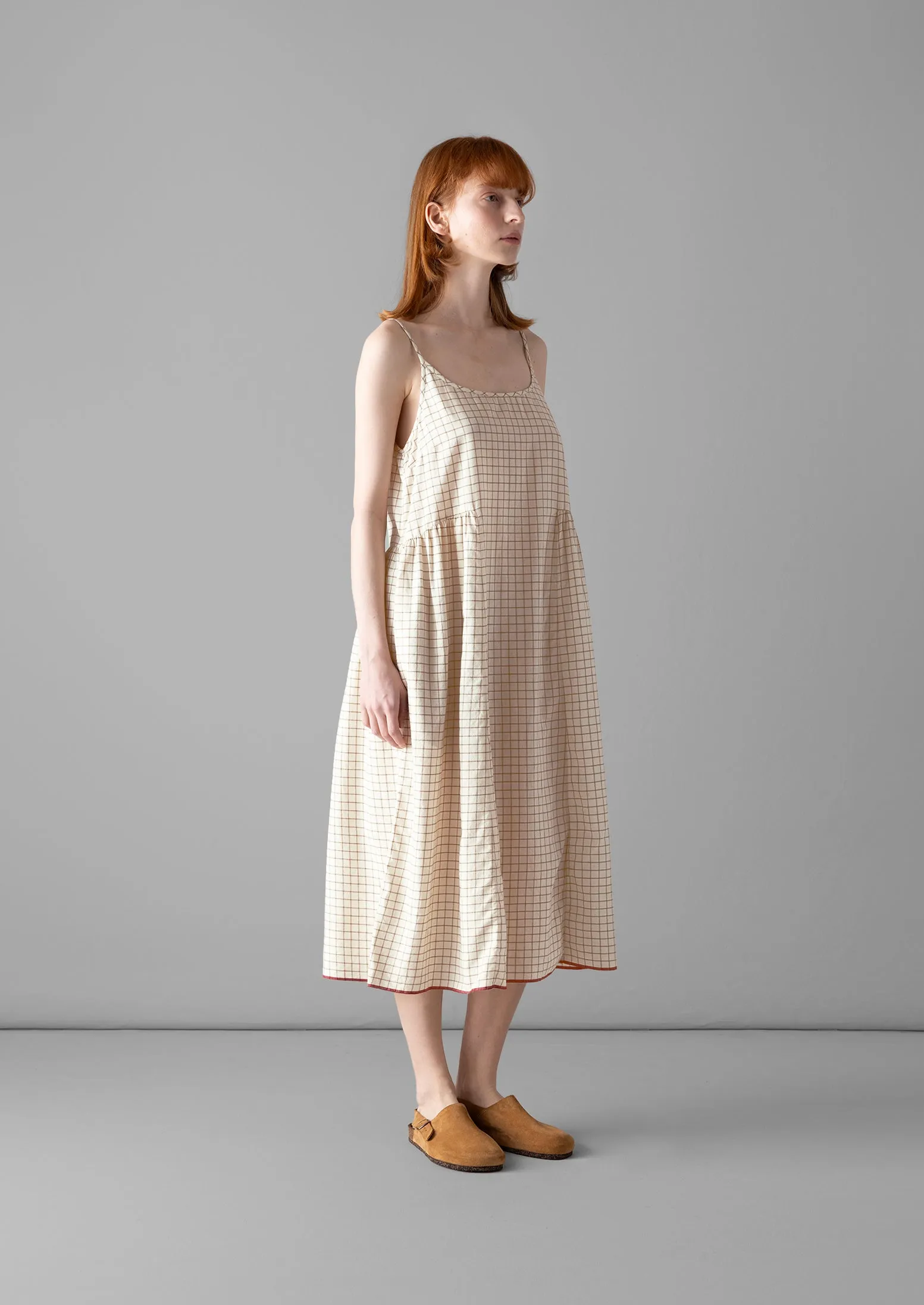 Hand Woven Check Mulmul Lounge Dress | Sand