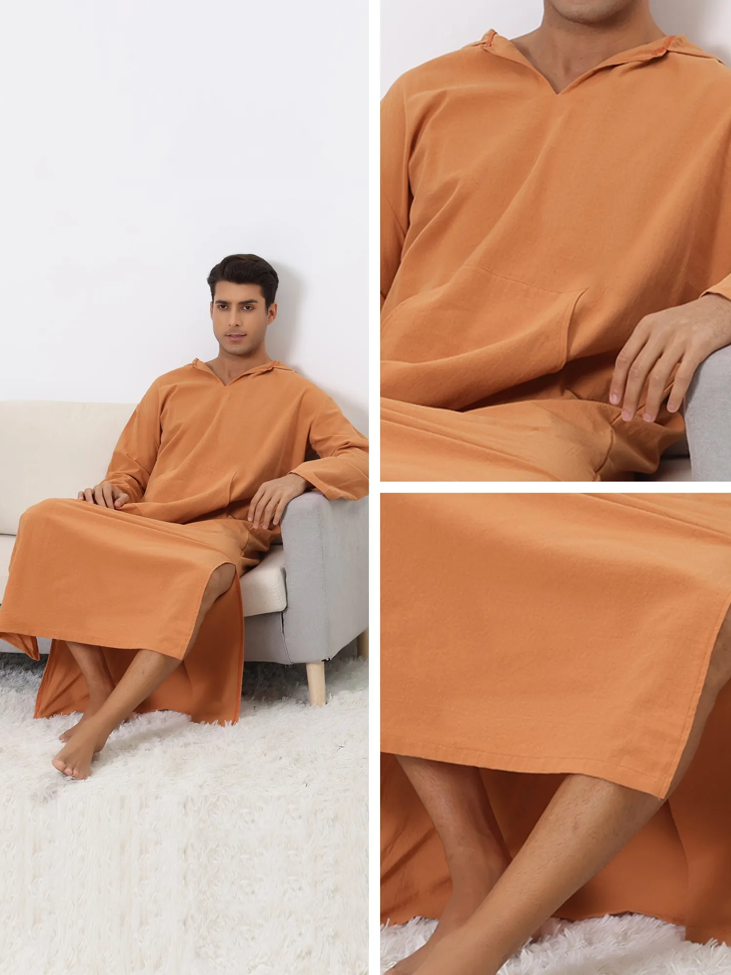 Hoodie Nightshirt Solid Color Side Split V Neck Hooded Long Night Gown