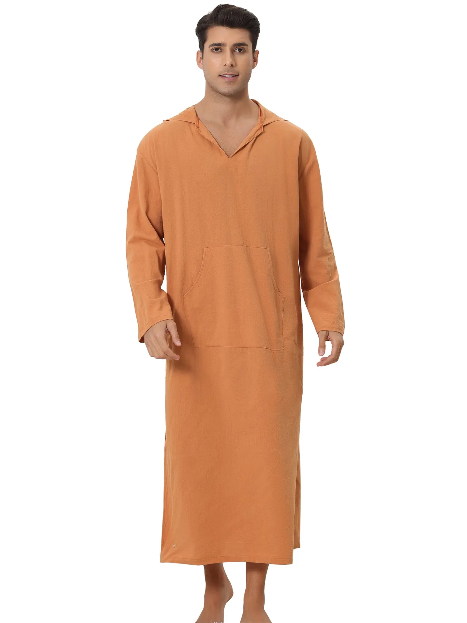 Hoodie Nightshirt Solid Color Side Split V Neck Hooded Long Night Gown