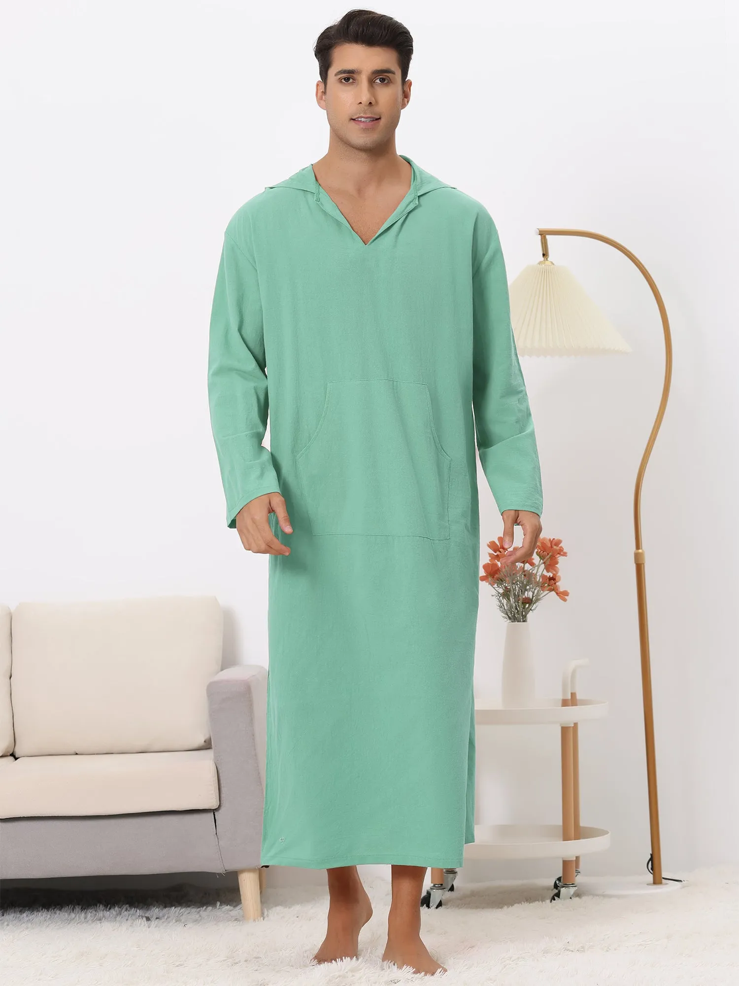 Hoodie Nightshirt Solid Color Side Split V Neck Hooded Long Night Gown