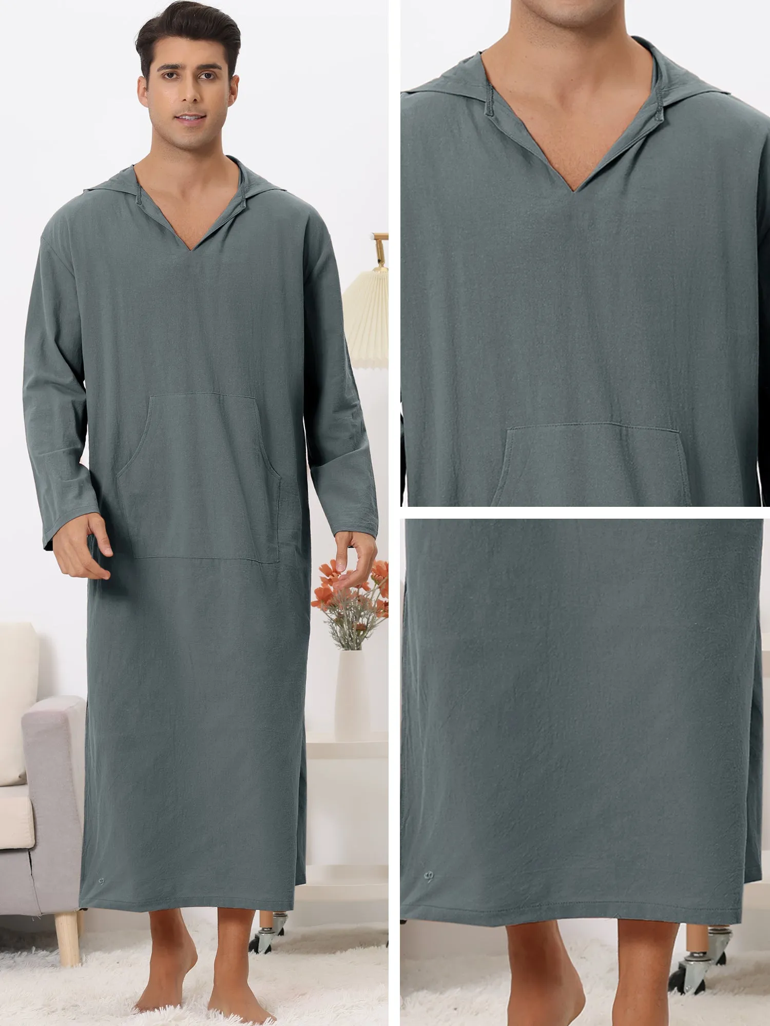 Hoodie Nightshirt Solid Color Side Split V Neck Hooded Long Night Gown