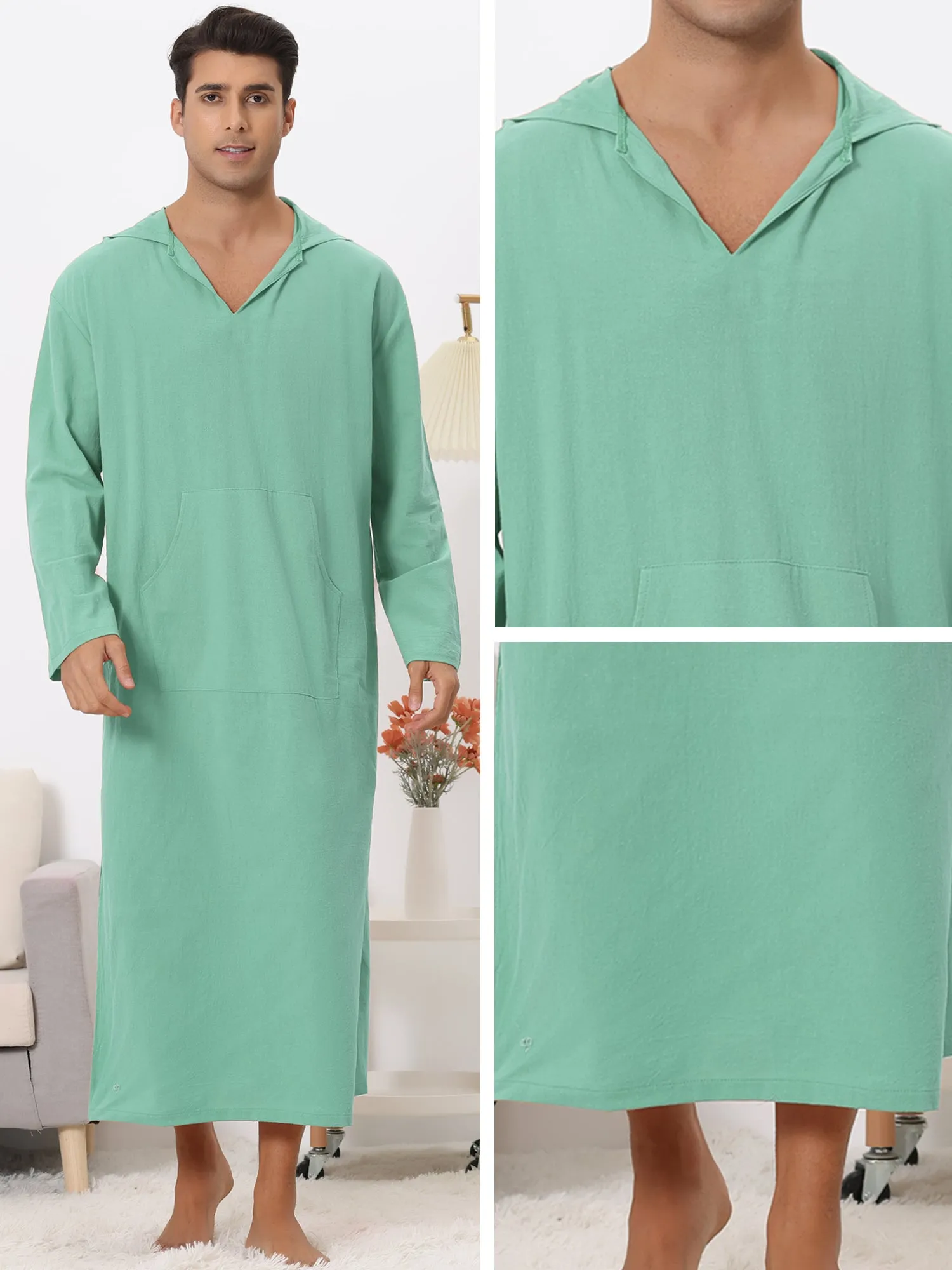 Hoodie Nightshirt Solid Color Side Split V Neck Hooded Long Night Gown