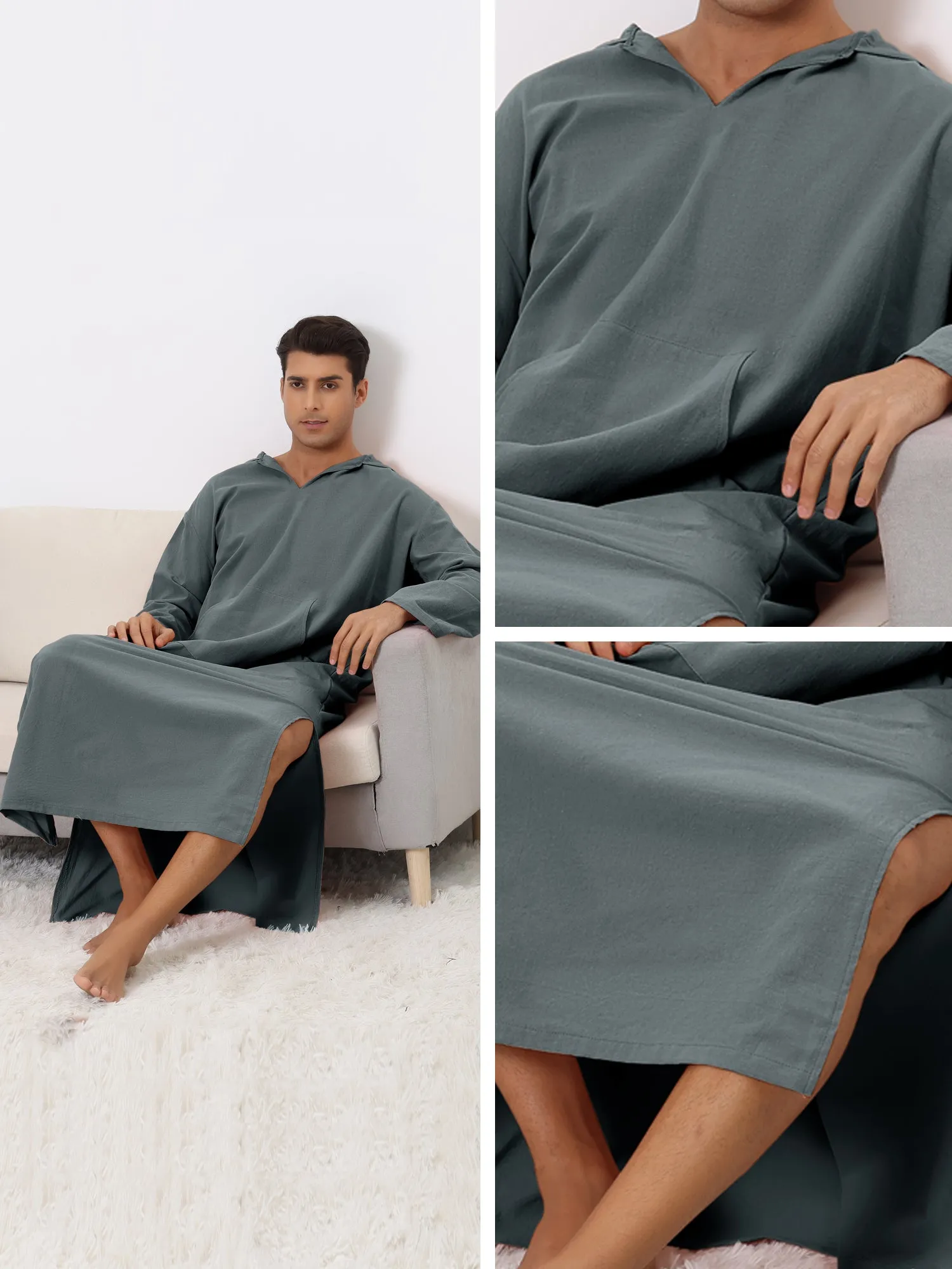 Hoodie Nightshirt Solid Color Side Split V Neck Hooded Long Night Gown