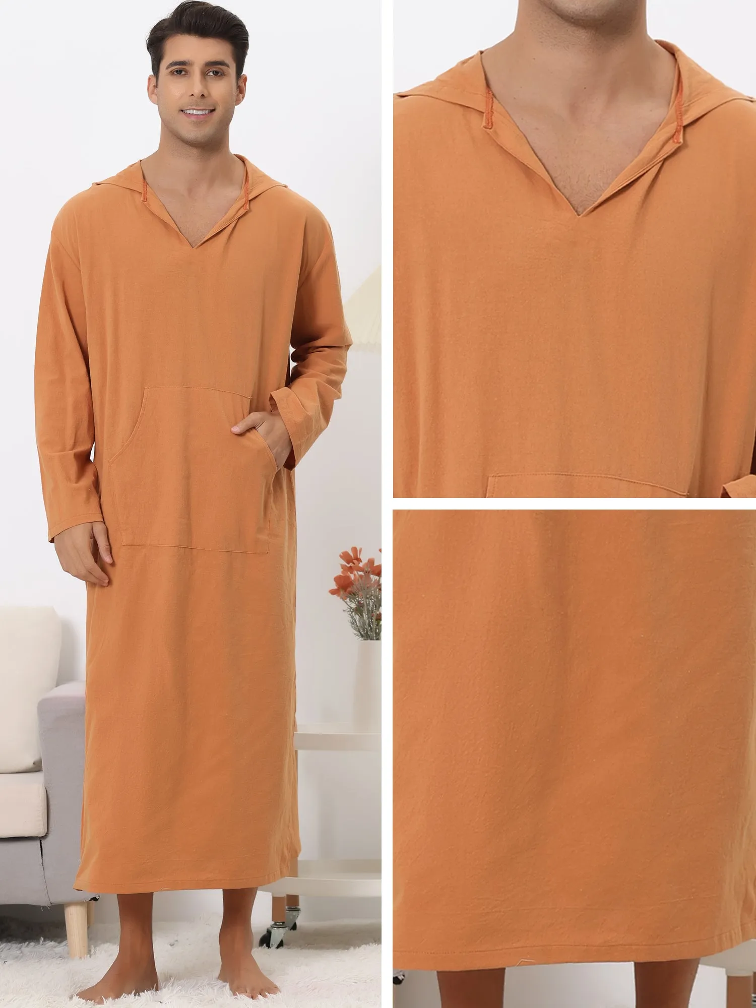 Hoodie Nightshirt Solid Color Side Split V Neck Hooded Long Night Gown