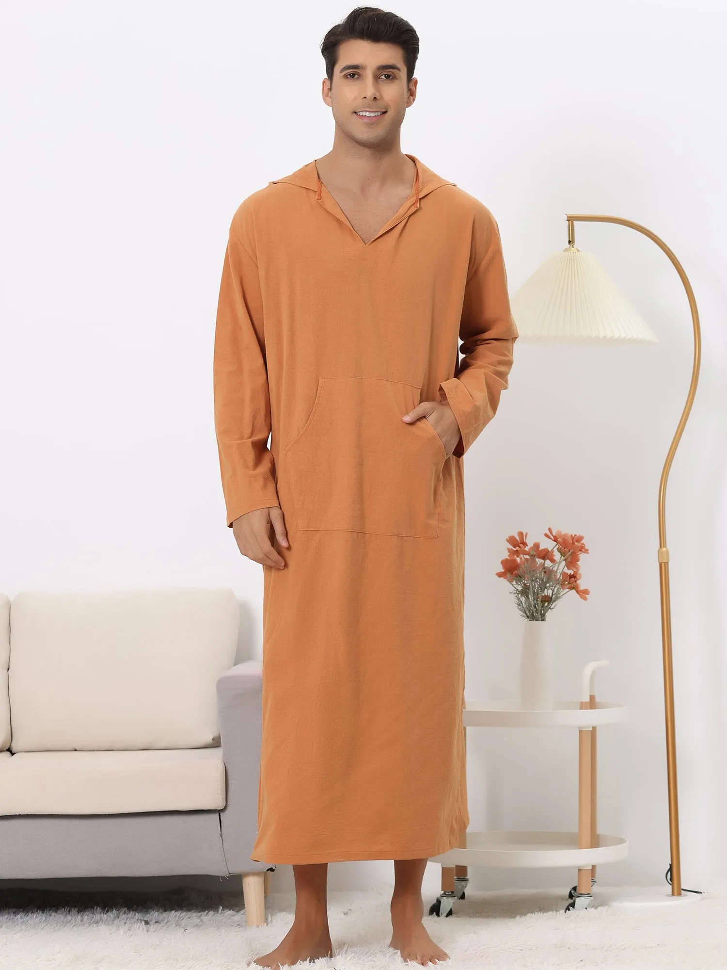Hoodie Nightshirt Solid Color Side Split V Neck Hooded Long Night Gown