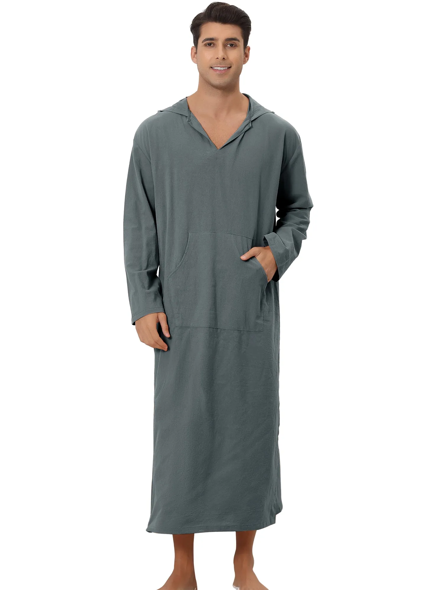 Hoodie Nightshirt Solid Color Side Split V Neck Hooded Long Night Gown