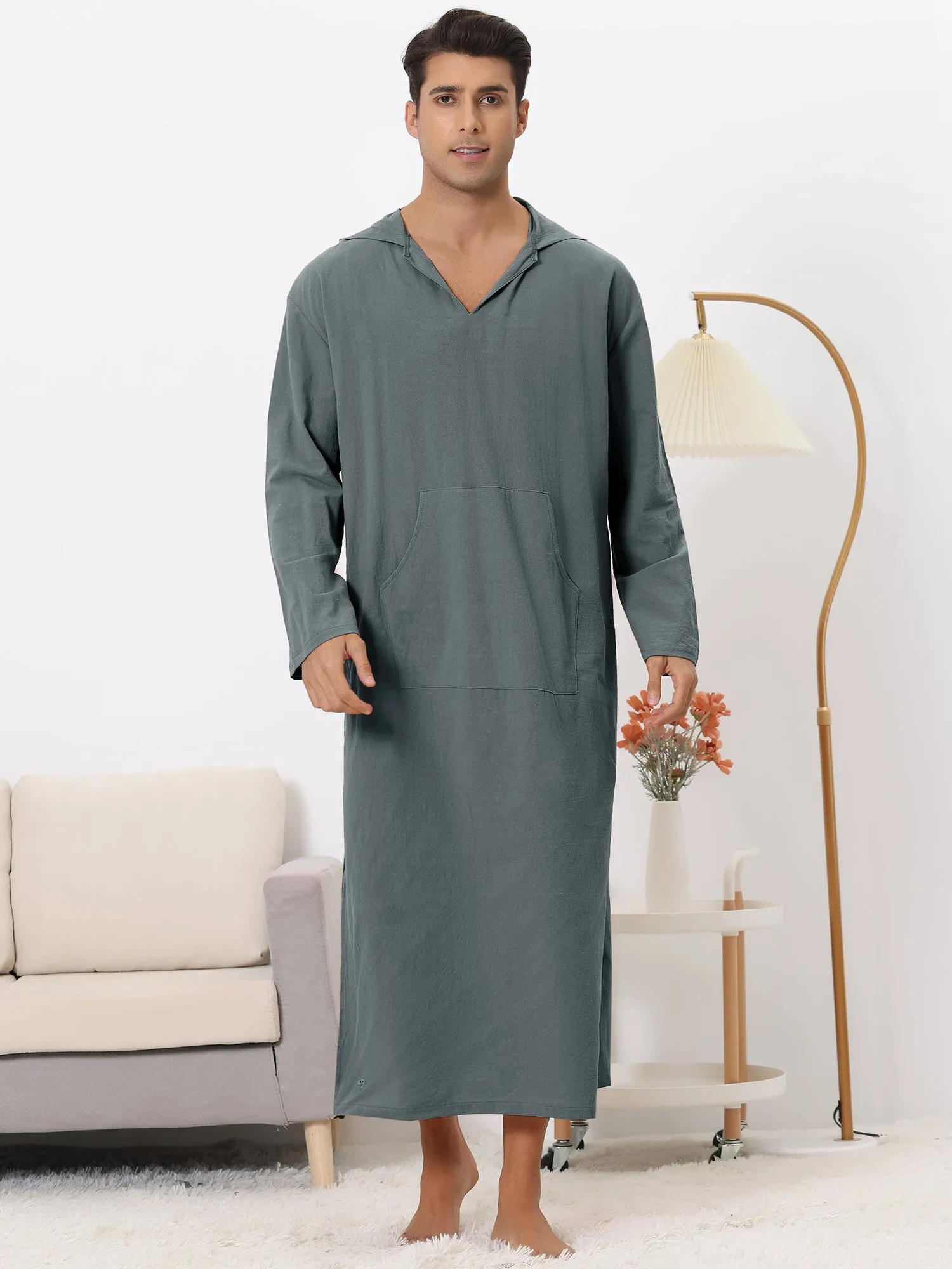 Hoodie Nightshirt Solid Color Side Split V Neck Hooded Long Night Gown