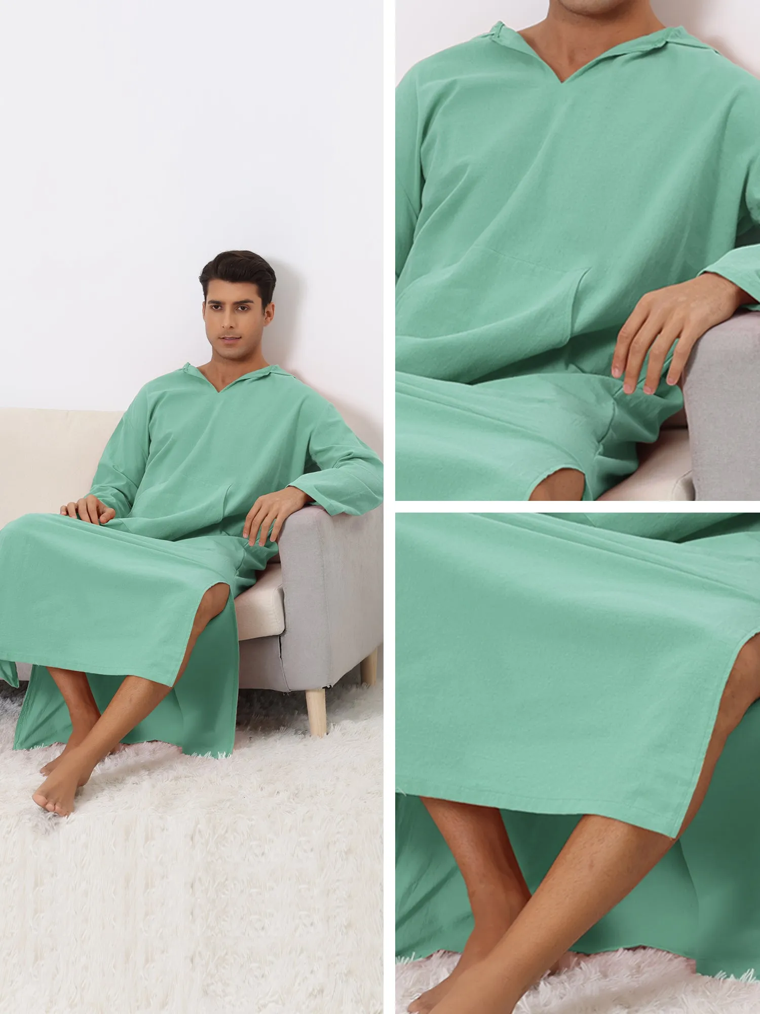 Hoodie Nightshirt Solid Color Side Split V Neck Hooded Long Night Gown