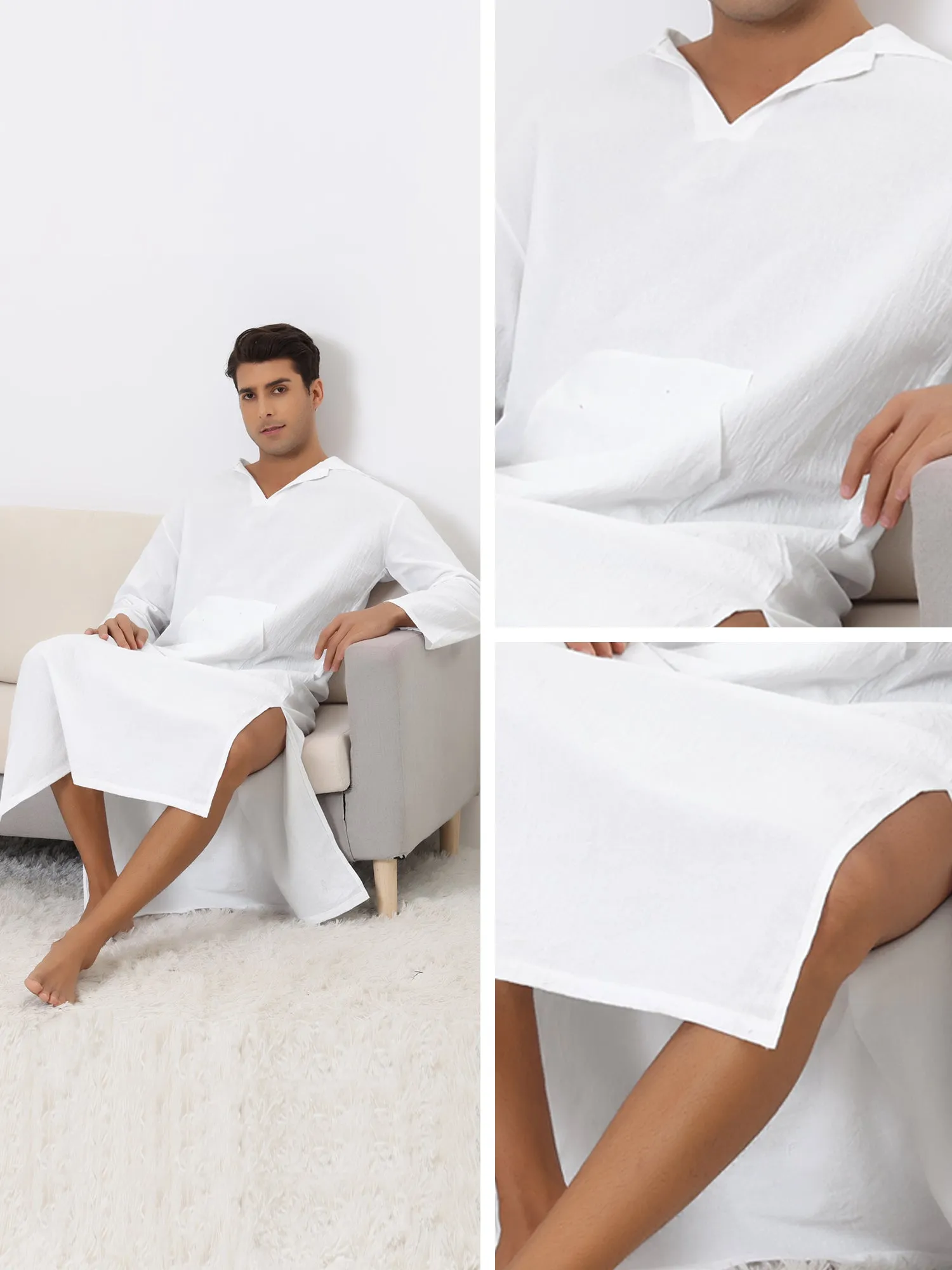 Hoodie Nightshirt Solid Color Side Split V Neck Hooded Long Night Gown