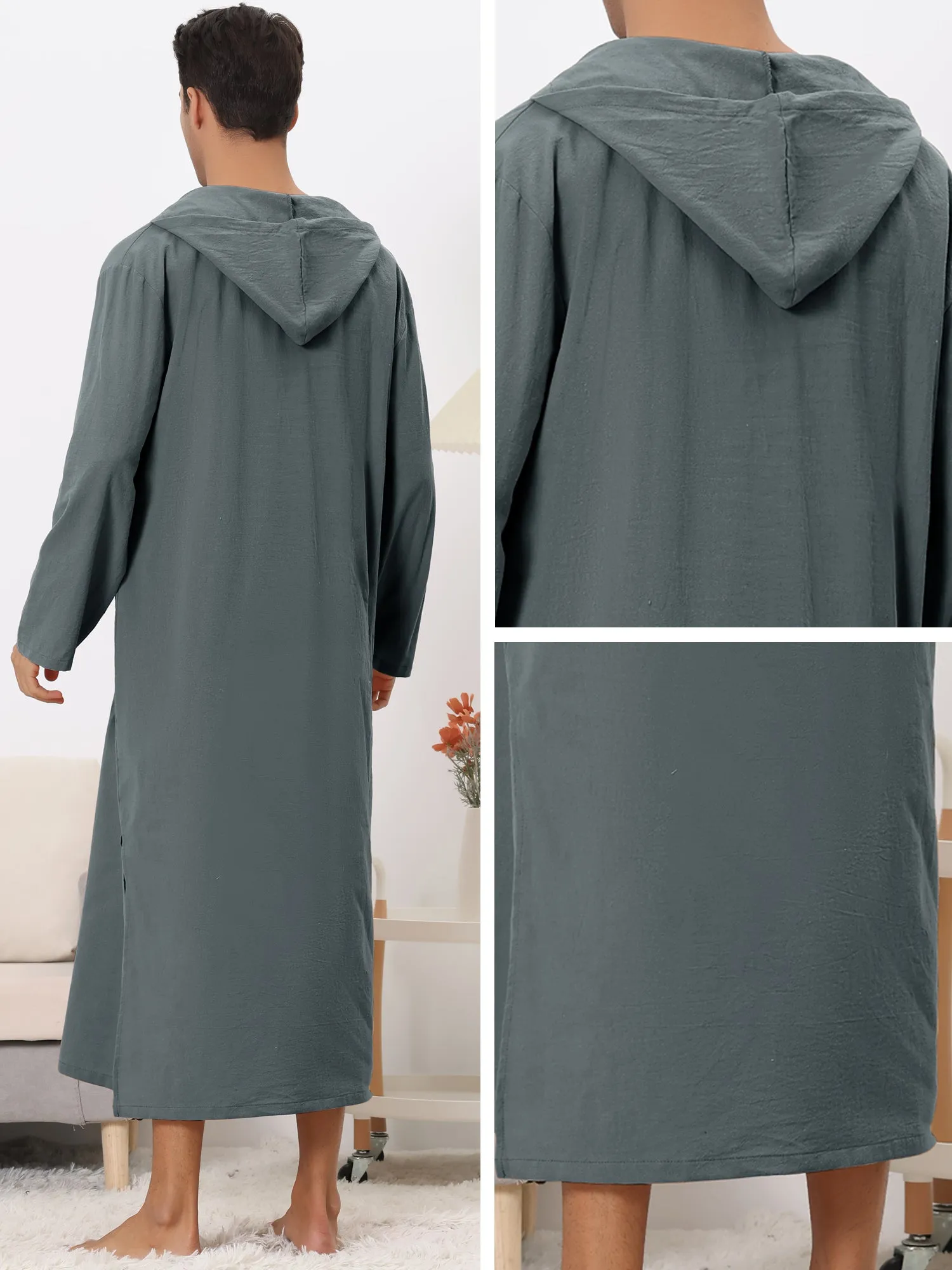 Hoodie Nightshirt Solid Color Side Split V Neck Hooded Long Night Gown