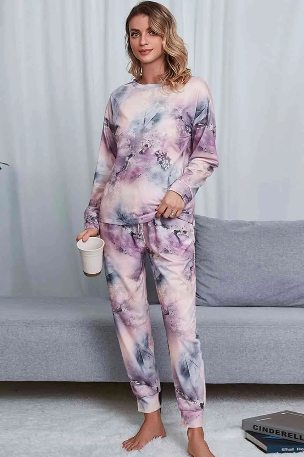 Tie-Dye Crewneck Top and Drawstring Waist Joggers Lounge Set