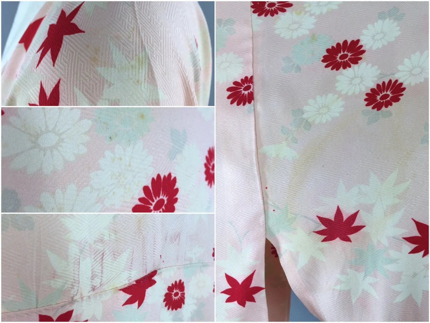 Vintage 1940s Silk Kimono Robe / Peach & Red Floral