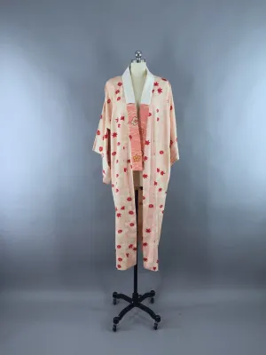 Vintage 1940s Silk Kimono Robe / Peach & Red Floral