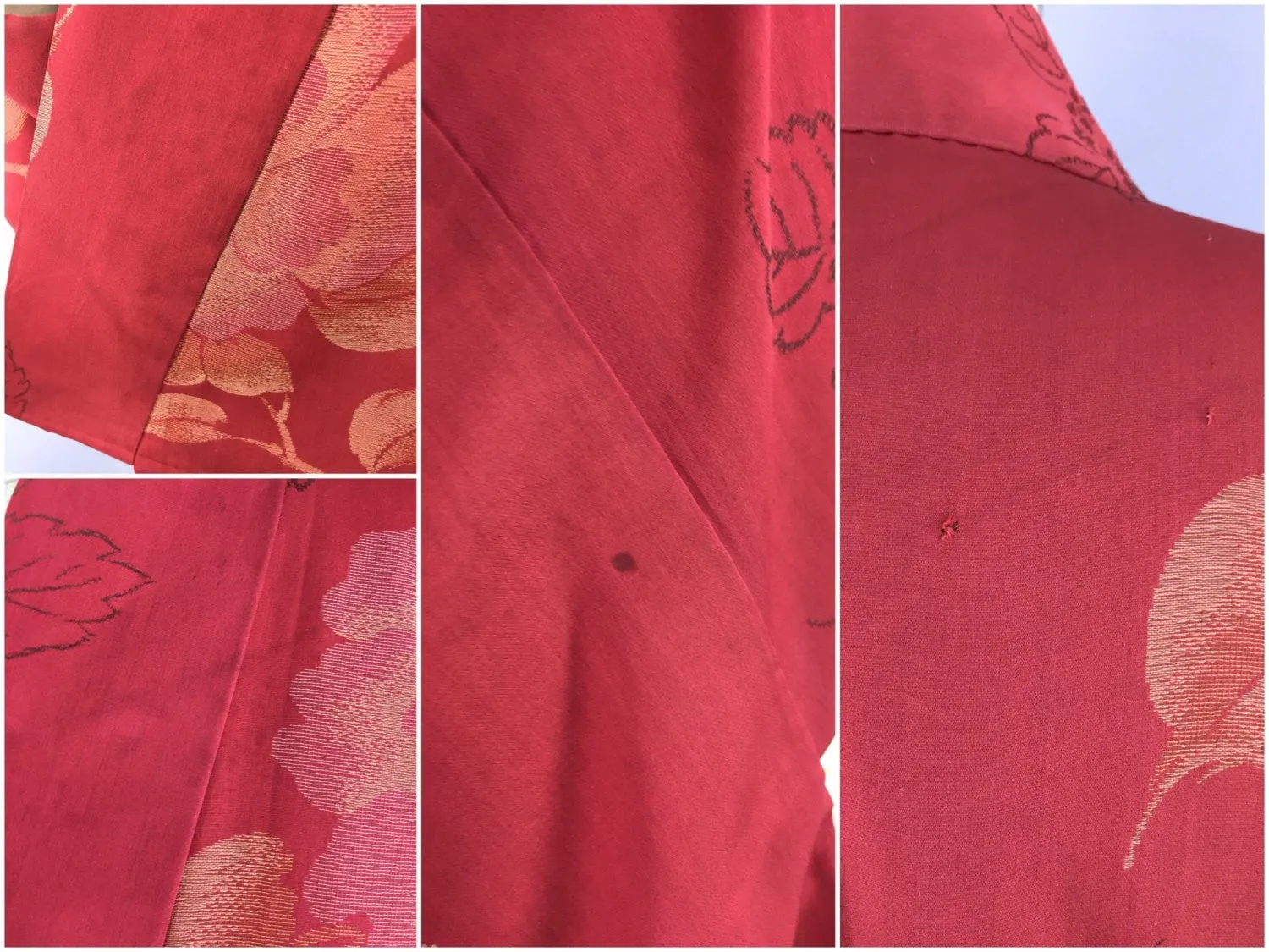 Vintage 1950s Silk Kimono Robe / Brick Red Floral Omeshi Floral