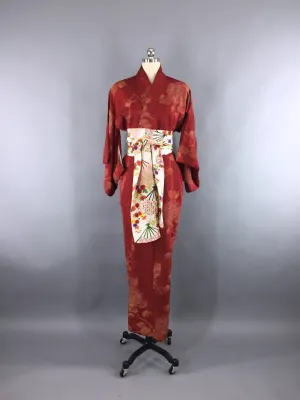 Vintage 1950s Silk Kimono Robe / Brick Red Floral Omeshi Floral