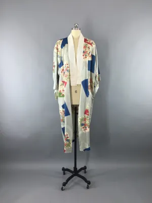 Vintage 1950s Silk Kimono Robe Juban in Blue Floral Print