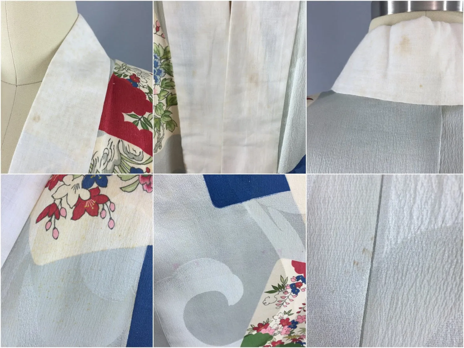 Vintage 1950s Silk Kimono Robe Juban in Blue Floral Print