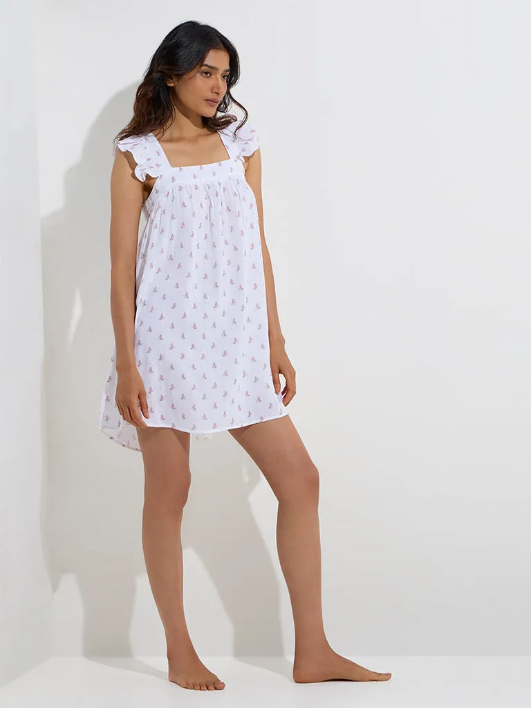 Wunderlove Ivory Floral Design Cotton Lounge Dress