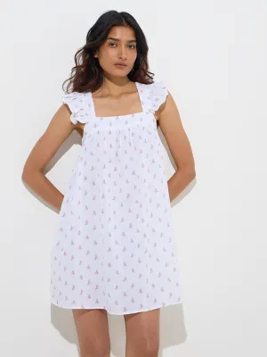 Wunderlove Ivory Floral Design Cotton Lounge Dress