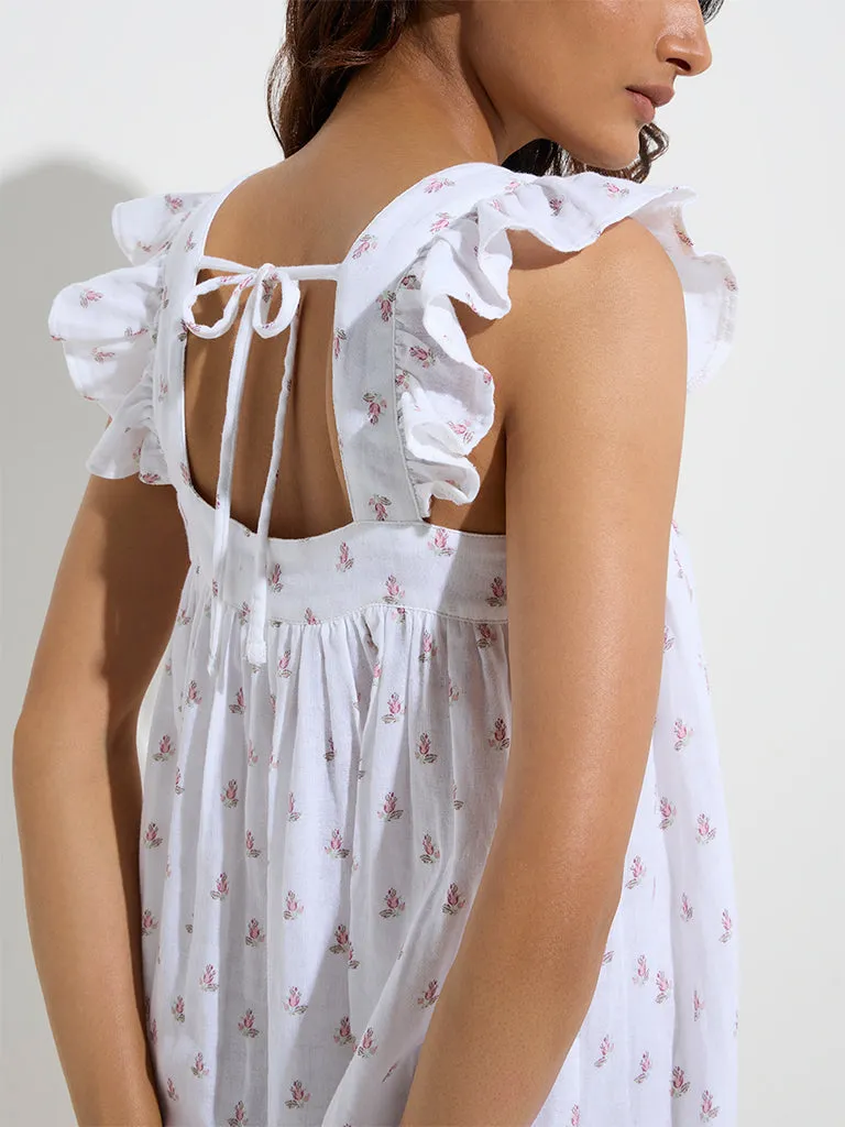 Wunderlove Ivory Floral Design Cotton Lounge Dress
