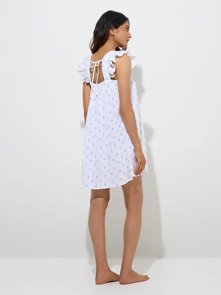 Wunderlove Ivory Floral Design Cotton Lounge Dress